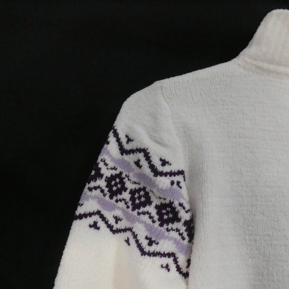 DENVER HAYES | small | Ivory Chenille Zip-Up Cardigan with Purple Pattern | NWOT - Picture 9 of 14